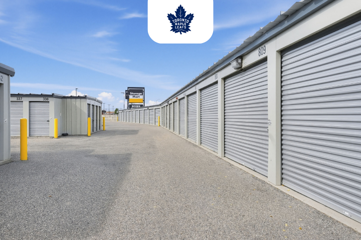 Drive up storage units with a Toronto Maple Leafs partnership logo at StorageMart in Lethbridge